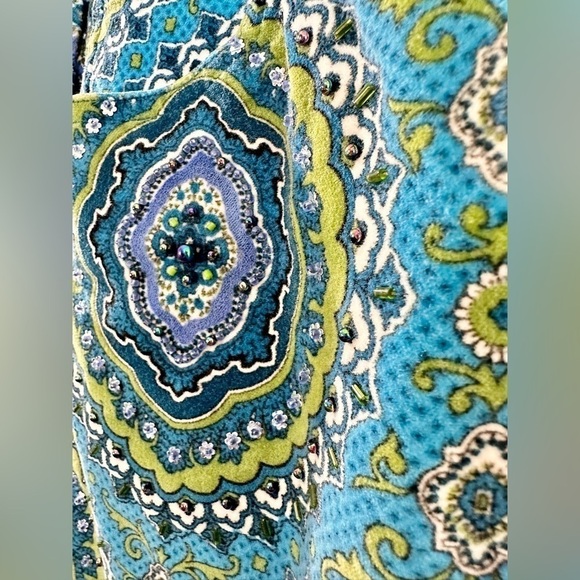 Y2K groovy Jane Doe kaleidoscope velour beaded bootcut green & teal pants - Picture 5 of 15